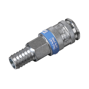 The Sealey Coupling Body Tailpiece for 1/2" Hose - AC82 is a metallic air hose coupling with a hexagonal body, blue band, and threaded end. It features hardened steel construction and is marked with a Union Jack design and technical engravings, making it ideal for XF coupling adaptors.