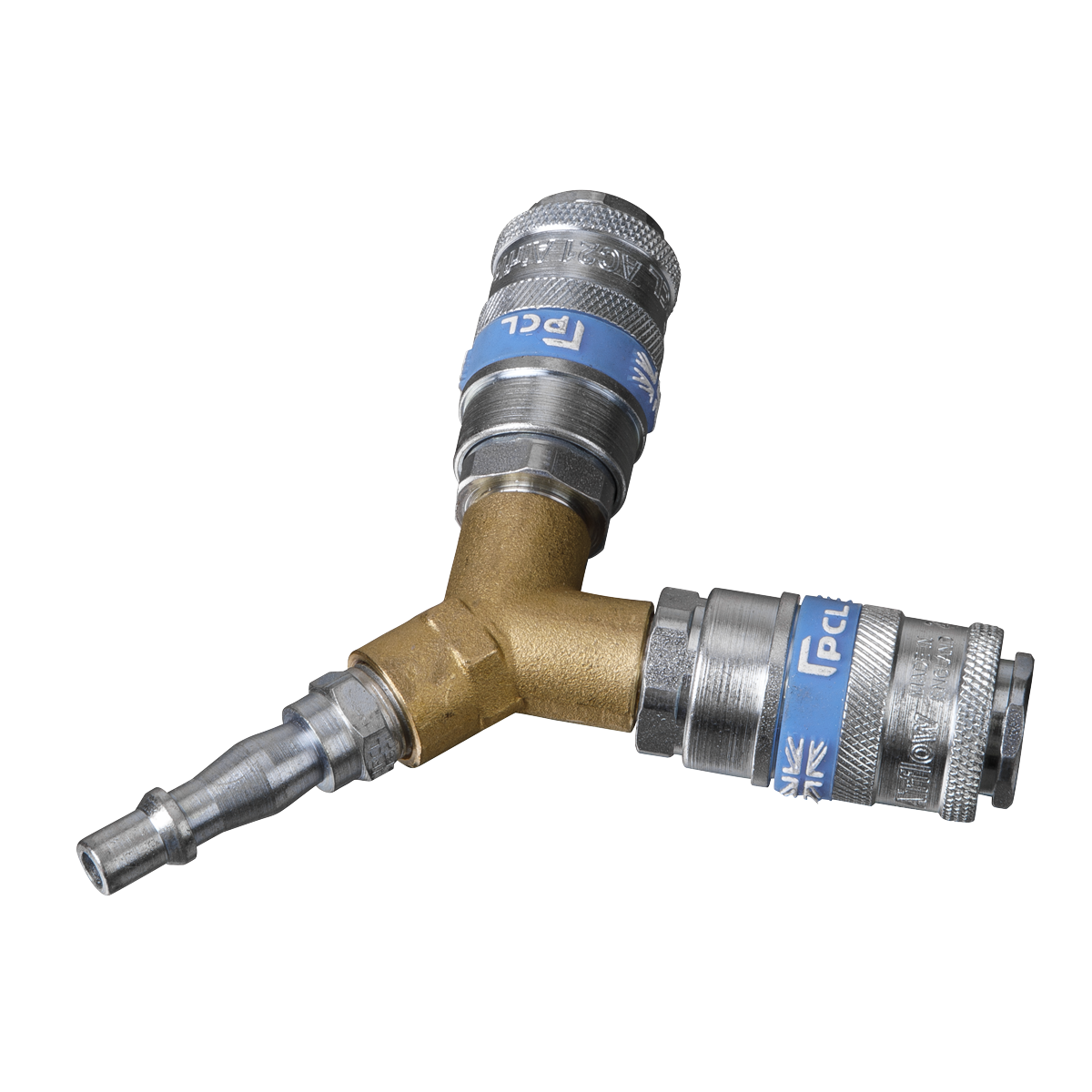 The Sealey Twin Coupling Bodies Y-Adaptor - AC87 is a brass Y-shaped air hose connector with two couplings and a male fitting, manufactured in the UK, making it ideal for workshop or engineering use.