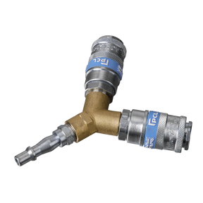 The Sealey Twin Coupling Bodies Y-Adaptor - AC87 is a brass Y-shaped air hose connector with two couplings and a male fitting, manufactured in the UK, making it ideal for workshop or engineering use.