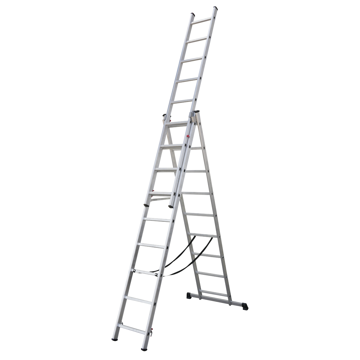 A tall, silver Sealey Aluminium Extension Combination Ladder 3x9 EN 131 - ACL3 with two sections, extended in an A-frame position and compliant with EN 131 standards, standing on a white background.