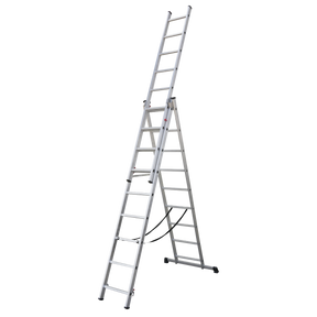 A tall, silver Sealey Aluminium Extension Combination Ladder 3x9 EN 131 - ACL3 with two sections, extended in an A-frame position and compliant with EN 131 standards, standing on a white background.