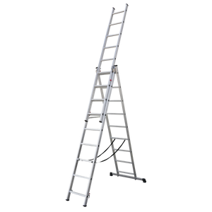 A tall, silver Sealey Aluminium Extension Combination Ladder 3x9 EN 131 - ACL3 with two sections, extended in an A-frame position and compliant with EN 131 standards, standing on a white background.