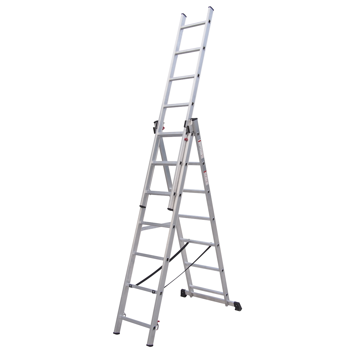 A tall, silver Aluminium Extension Combination Ladder 3x7 EN 131 (ACL307) by Sealey, designed with multiple rungs for reaching high places. The ladder is fully extended and standing on a flat surface.