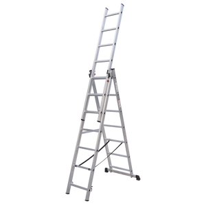 A tall, silver Aluminium Extension Combination Ladder 3x7 EN 131 (ACL307) by Sealey, designed with multiple rungs for reaching high places. The ladder is fully extended and standing on a flat surface.