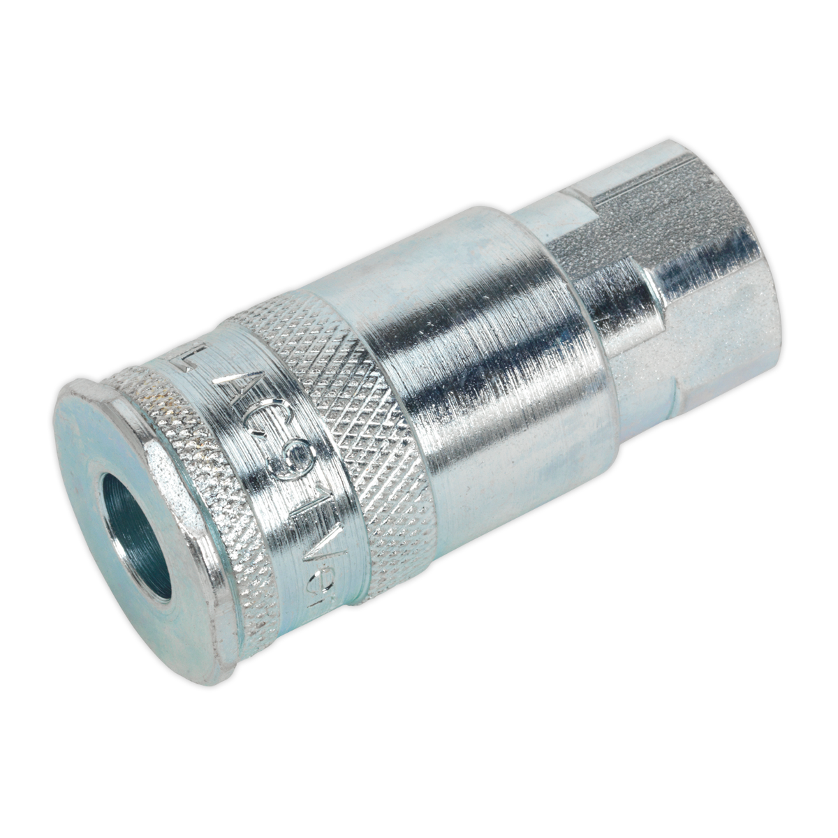 The Sealey Coupling Body Female 1/4"BSP Pack of 5 - ACP15 is a slim-profile silver metal assembly with a knurled grip and threaded ends, designed for connecting hoses or pipes.