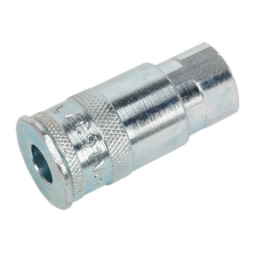 The Sealey Coupling Body Female 1/4"BSP Pack of 5 - ACP15 is a slim-profile silver metal assembly with a knurled grip and threaded ends, designed for connecting hoses or pipes.