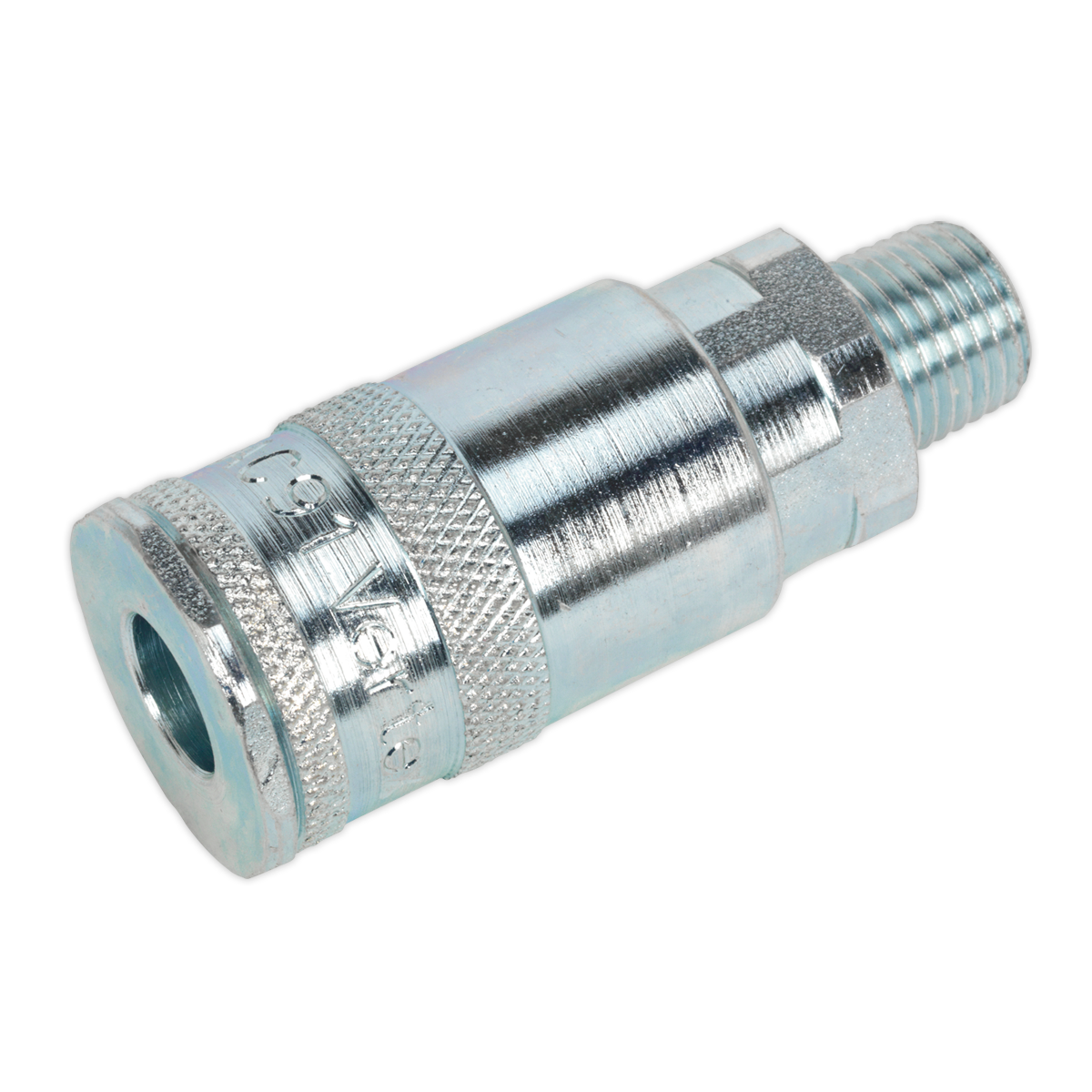 Introducing the "Sealey Coupling Body Male 1/4"BSPT Pack of 5 - ACP16," a set of metallic quick-connect couplings featuring knurled gripping and slim profile bodies for seamless attachment to hoses or pipes.