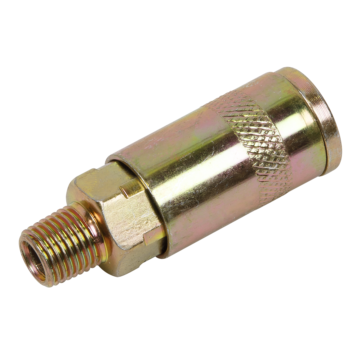 The Sealey Coupling Body Male 1/4"BSPT Single - ACX01, featuring a threaded end and a knurled grip for easy handling, is ideal for air tools due to its efficient airflow rate.