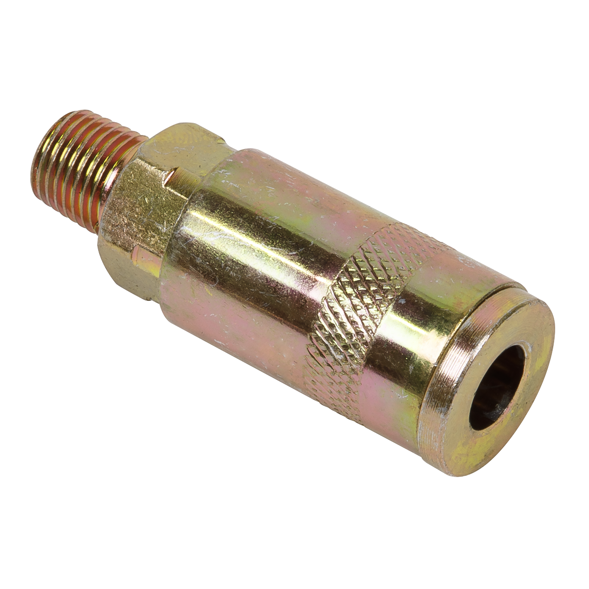 The Sealey Coupling Body Male 1/4"BSPT Single - ACX01 is a metallic threaded male quick-connect fitting with a knurled grip section, designed for connecting air tools and hoses. It offers reliable economy fittings and ensures an optimal airflow rate.