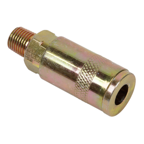 The Sealey Coupling Body Male 1/4"BSPT Single - ACX01 is a metallic threaded male quick-connect fitting with a knurled grip section, designed for connecting air tools and hoses. It offers reliable economy fittings and ensures an optimal airflow rate.