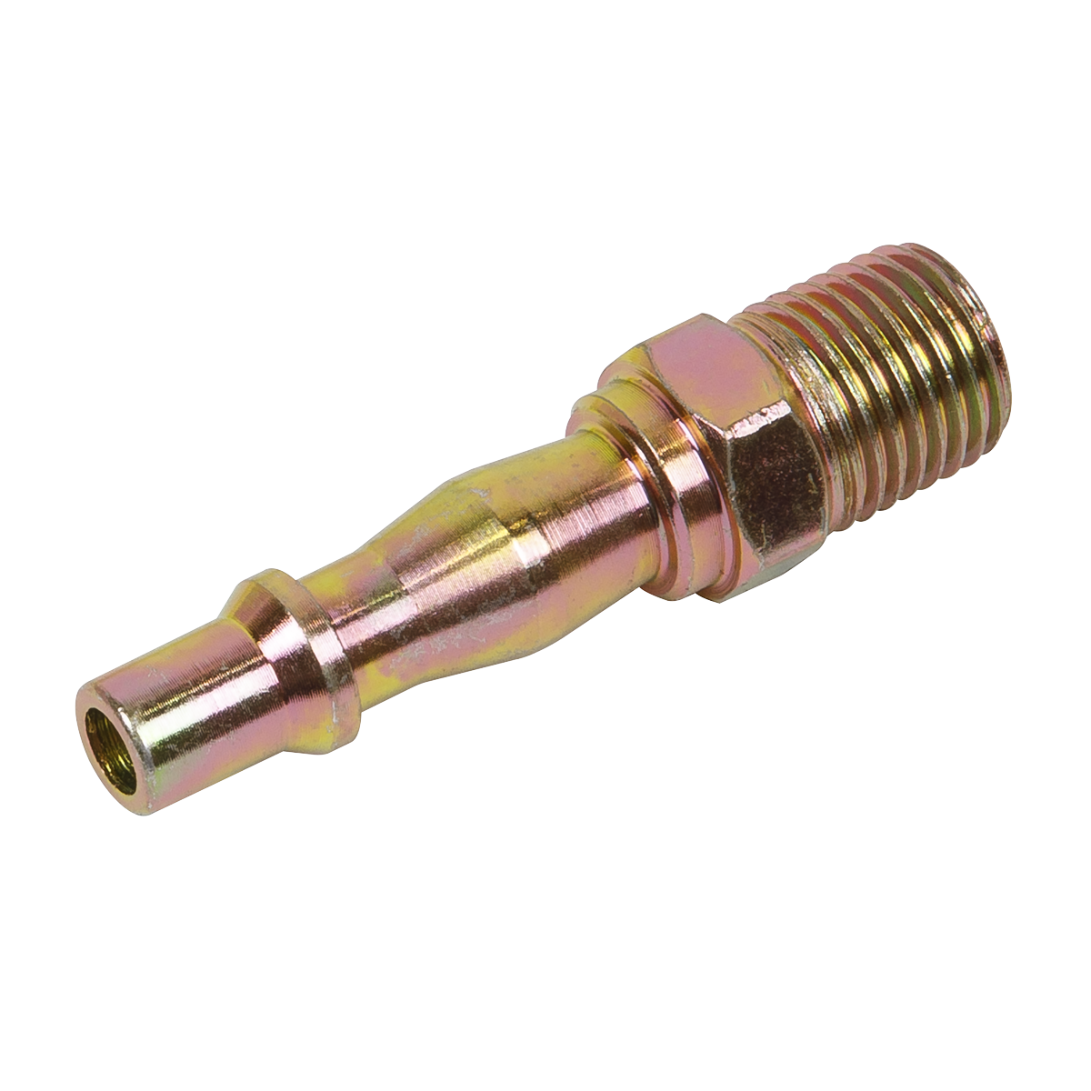 Introducing the Sealey Screwed Adaptor Male 1/4"BSPT Pack of 5 - ACX04: a high-quality metallic adaptor featuring a threaded end and smooth cylindrical nozzle, ideal for pneumatic connections and UK style couplings commonly used in general workshop settings.