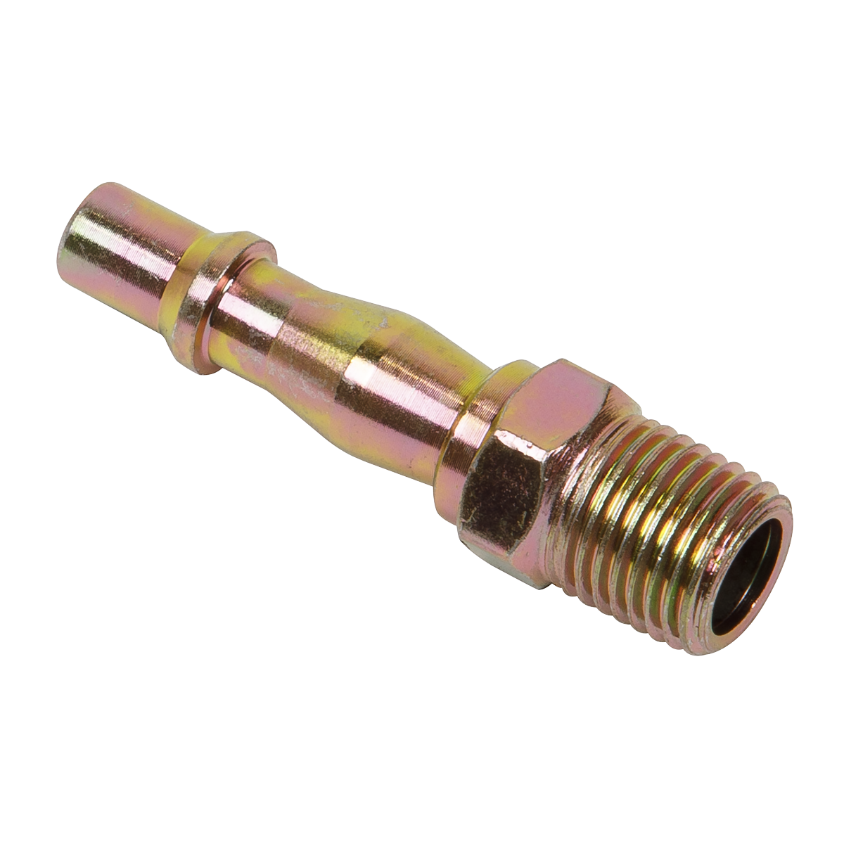 Set against a white background, the Screwed Adaptor Male 1/4"BSPT Pack of 5 - ACX04 by Sealey features a brass-colored threaded hose connector with ribbed ends, ideal for UK style couplings and suited for general workshop use.