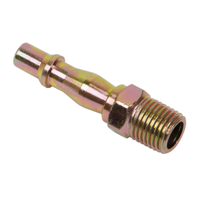 Set against a white background, the Screwed Adaptor Male 1/4"BSPT Pack of 5 - ACX04 by Sealey features a brass-colored threaded hose connector with ribbed ends, ideal for UK style couplings and suited for general workshop use.