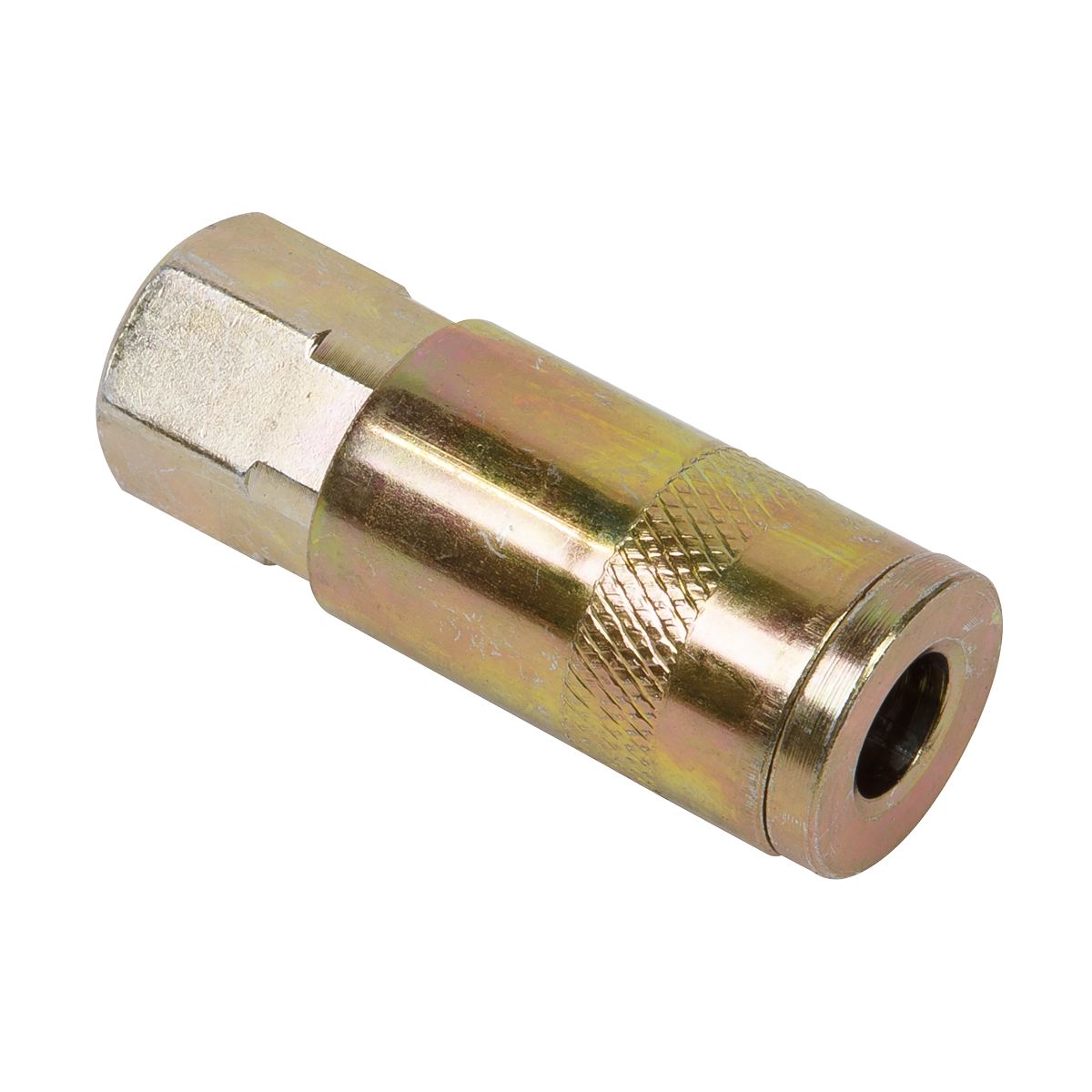 The Sealey Coupling Body Female 1/4"BSP Pack of 25 (ACX13BP), a brass pneumatic coupler with a textured grip perfect for workshop use, is shown against a white background.