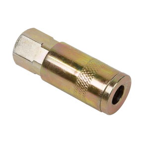 The Sealey Coupling Body Female 1/4"BSP Pack of 25 (ACX13BP), a brass pneumatic coupler with a textured grip perfect for workshop use, is shown against a white background.