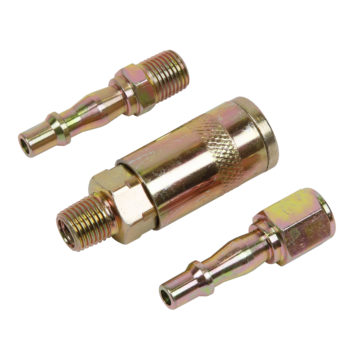 A Sealey Air Tool Coupling Kit 1/4"BSP - ACX60, comprising three brass pneumatic fittings of various types and sizes on a plain white background, ideal for optimizing airflow rate in diverse air tool applications.