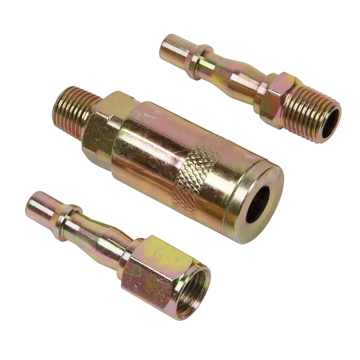 The Sealey Air Tool Coupling Kit 1/4"BSP - ACX60 features three different sized connectors and a central threaded coupling piece, making it ideal for air tool applications.