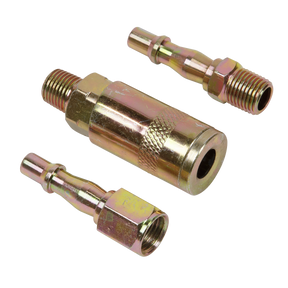 The Sealey Air Tool Coupling Kit 1/4"BSP - ACX60 features three different sized connectors and a central threaded coupling piece, making it ideal for air tool applications.