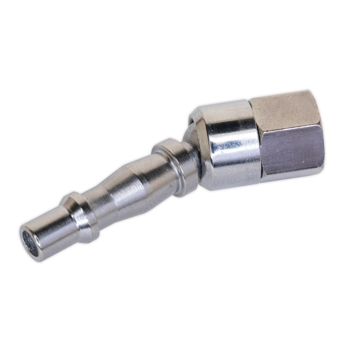 A metallic quick-connect hose fitting with a hexagonal base and a grooved cylindrical extension, featuring the Sealey Screwed Swivel Adaptor Female 1/4"BSP - ACX91 for enhanced maneuverability.