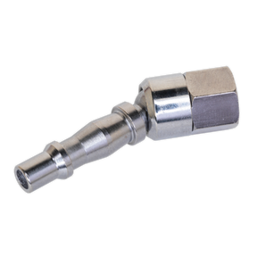A metallic quick-connect hose fitting with a hexagonal base and a grooved cylindrical extension, featuring the Sealey Screwed Swivel Adaptor Female 1/4"BSP - ACX91 for enhanced maneuverability.