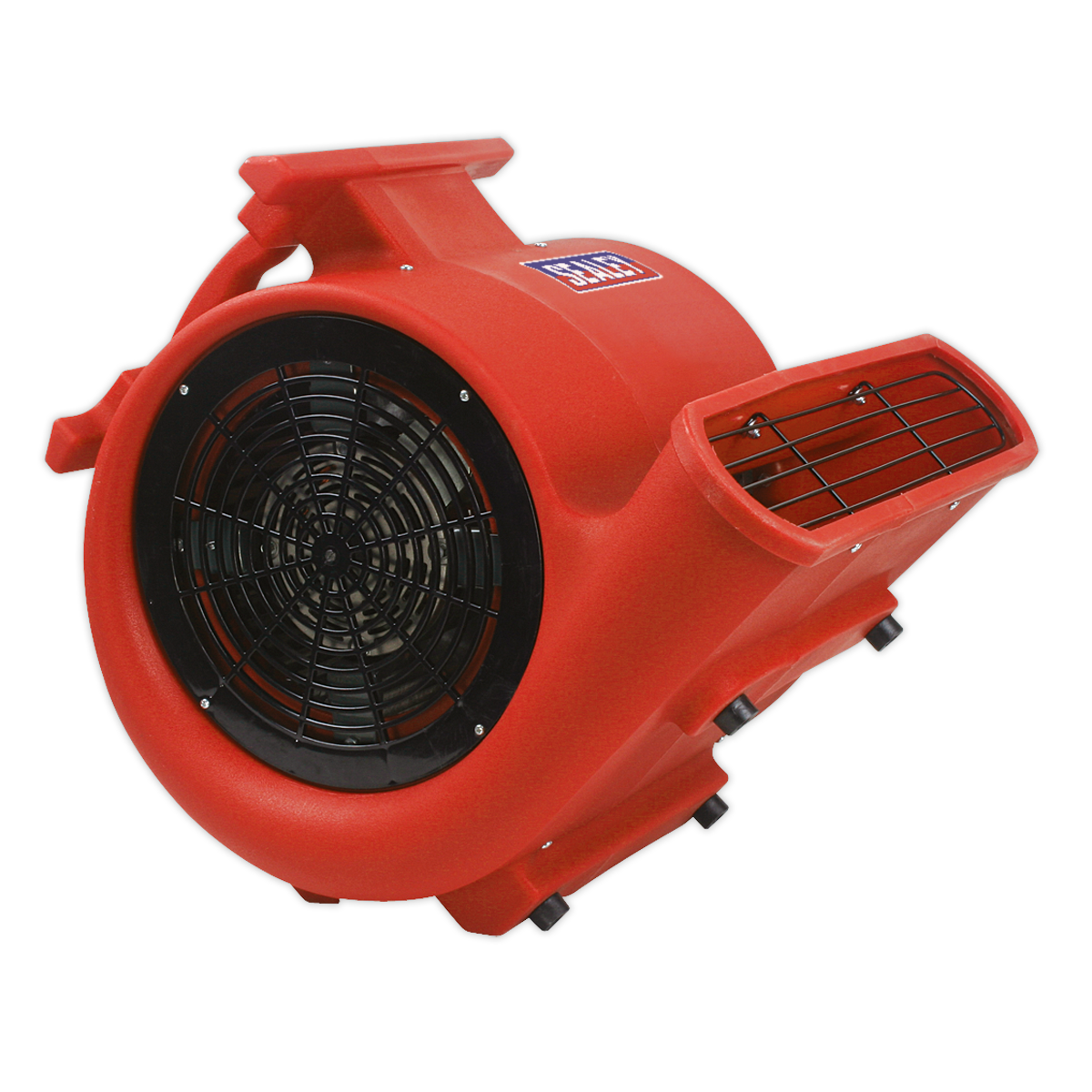 The Sealey Air Dryer/Blower 2860cfm 230V - ADB3000 is a red portable air mover with a black industrial fan, designed for drying surfaces. It features composite housing, a handle on top, and vents on the side, providing an impressive airflow of 81m³/min.