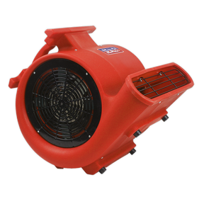 The Sealey Air Dryer/Blower 2860cfm 230V - ADB3000 is a red portable air mover with a black industrial fan, designed for drying surfaces. It features composite housing, a handle on top, and vents on the side, providing an impressive airflow of 81m³/min.