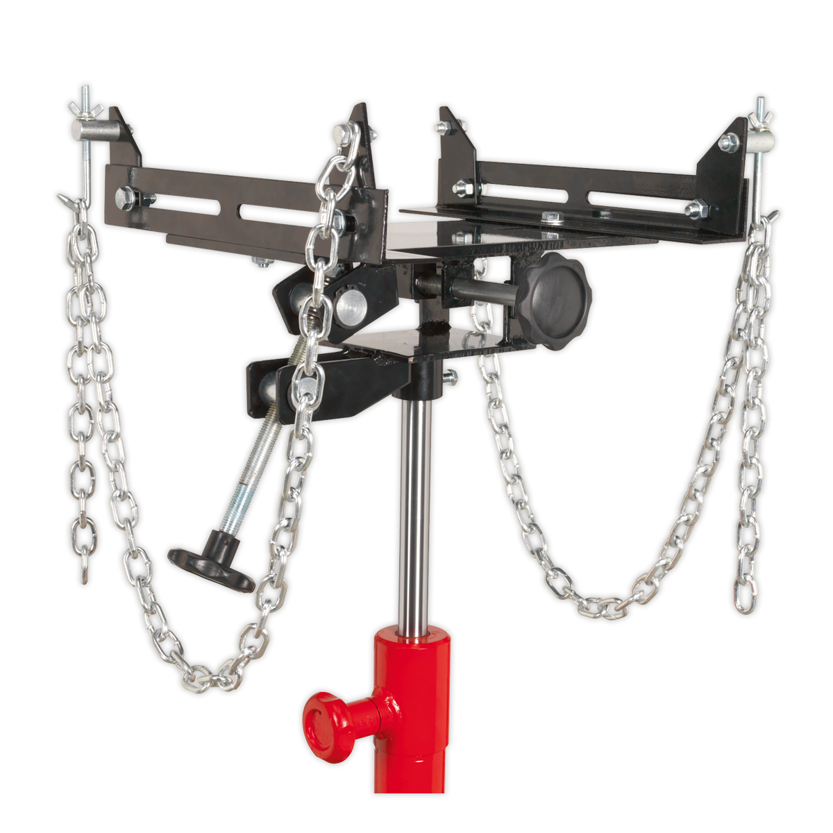 Introducing the Sealey Adjustable Gearbox Support 500kg Capacity for 300ETJ & 500ETJ - ADT7: an adjustable transmission jack with a red base, black frame, and metal chains for support. Featuring an adjustable saddle, it ensures precision and stability for your automotive needs.