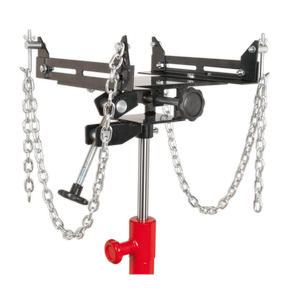 Introducing the Sealey Adjustable Gearbox Support 500kg Capacity for 300ETJ & 500ETJ - ADT7: an adjustable transmission jack with a red base, black frame, and metal chains for support. Featuring an adjustable saddle, it ensures precision and stability for your automotive needs.