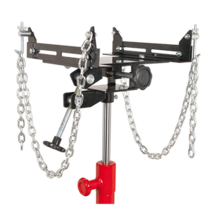 Introducing the Sealey Adjustable Gearbox Support 500kg Capacity for 300ETJ & 500ETJ - ADT7: an adjustable transmission jack with a red base, black frame, and metal chains for support. Featuring an adjustable saddle, it ensures precision and stability for your automotive needs.