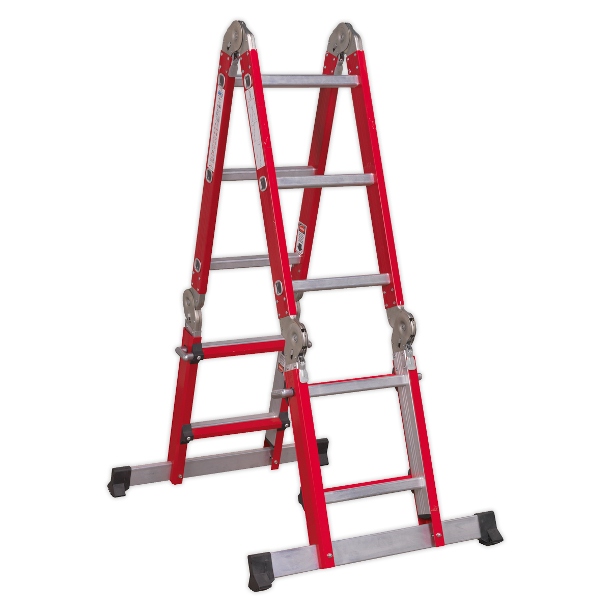 The Sealey Aluminium Multipurpose Ladder EN 131 Adjustable Height - AFPL2 is a red foldable ladder featuring several locking hinges and stabilizer feet, providing versatile multi-positioning options.