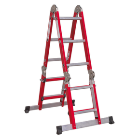 The Sealey Aluminium Multipurpose Ladder EN 131 Adjustable Height - AFPL2 is a red foldable ladder featuring several locking hinges and stabilizer feet, providing versatile multi-positioning options.