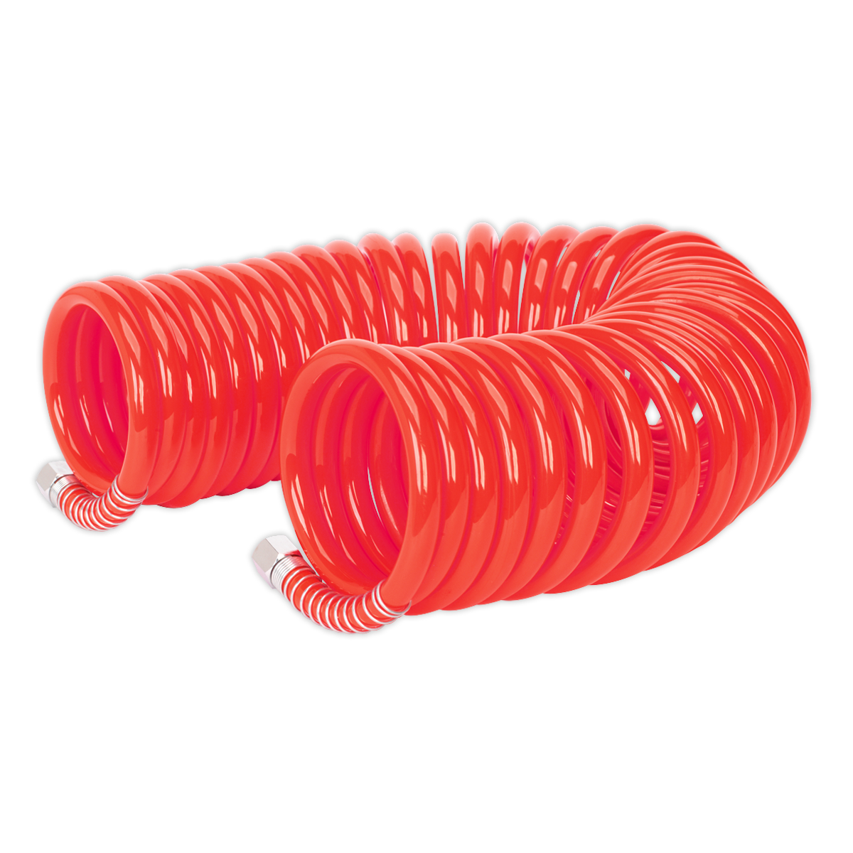 A Sealey PU Coiled Air Hose 10m x Ø8mm with 1/4"BSP Unions (AH10C/8), featuring high flow couplings and white striped connectors on both ends.