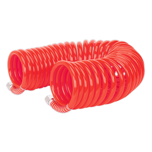 A Sealey PU Coiled Air Hose 10m x Ø8mm with 1/4"BSP Unions (AH10C/8), featuring high flow couplings and white striped connectors on both ends.