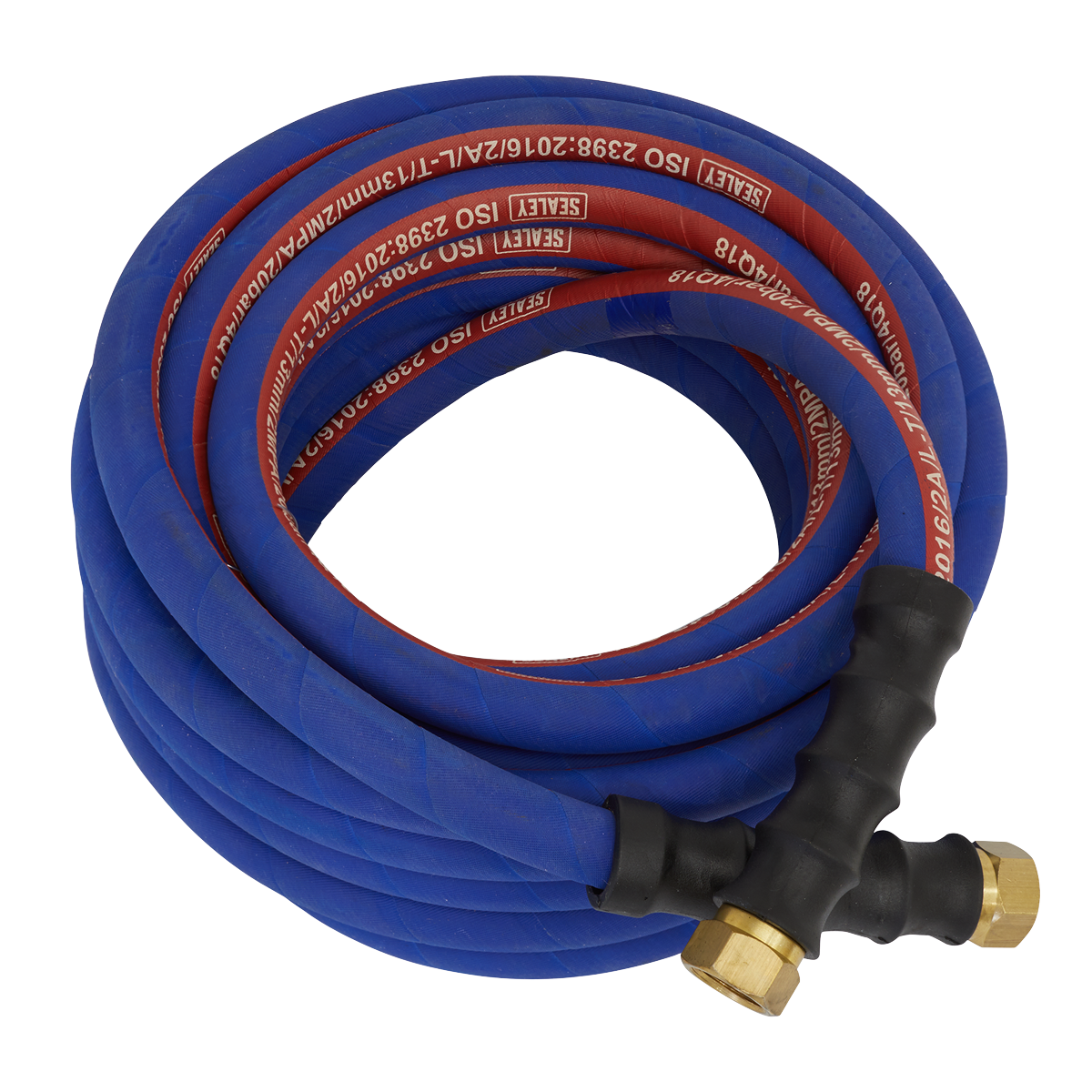 A coiled industrial hose, identified as the Sealey Air Hose 10m x Ø13mm with 1/2"BSP Unions Extra-Heavy-Duty - AH10R/12, is shown lying on a white background; it features a blue high-quality rubber build with red labels, brass fittings, and bend restrictors.