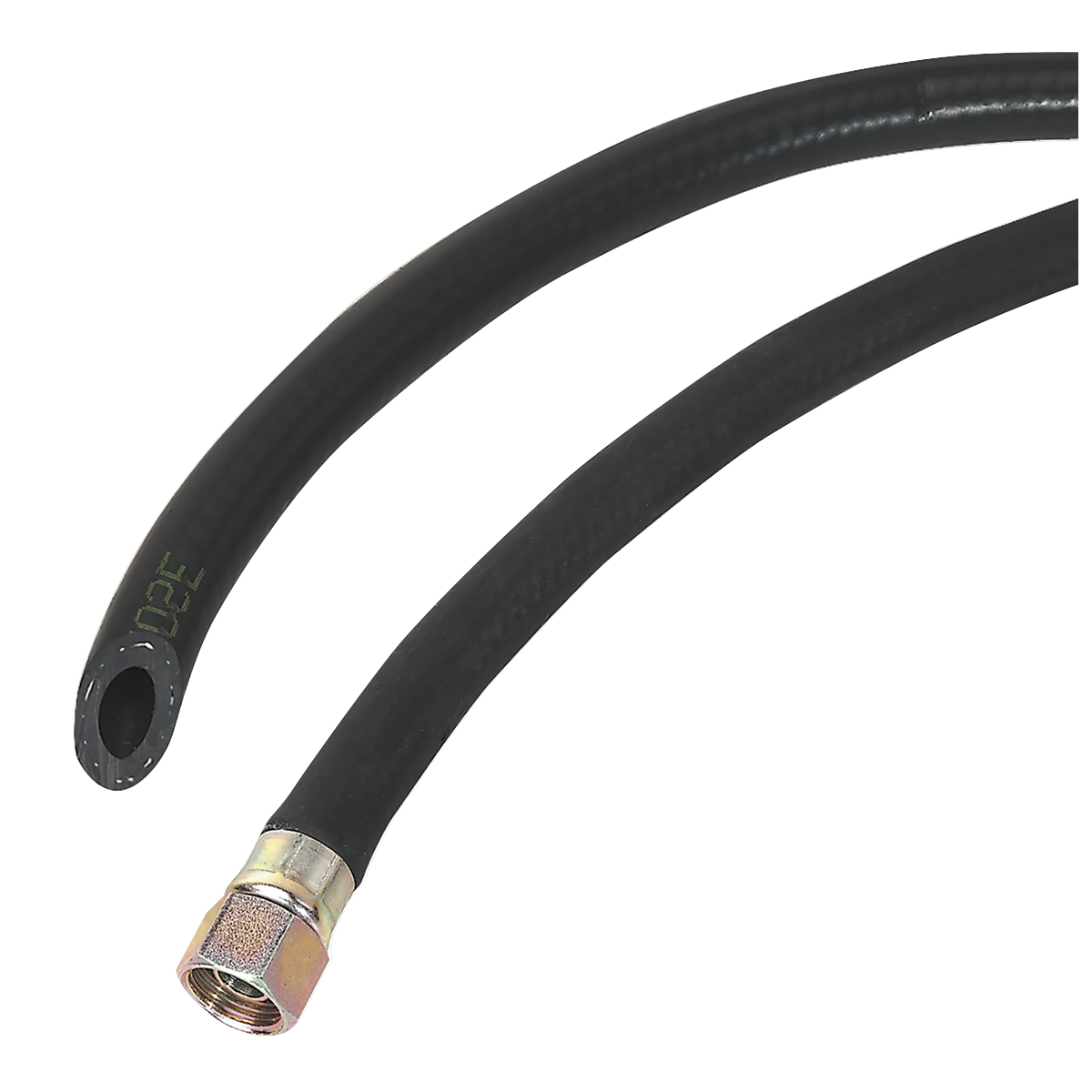 Image of two black Air Hose 10m x Ø10mm with 1/4"BSP Unions Heavy-Duty (model AH10RX/38 by Sealey), one featuring a threaded metal connector and the other with an open end. Ideal for garage and bodyshop applications, this silicone-free hose guarantees durability and versatility.