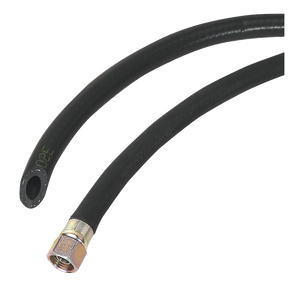 Image of two black Air Hose 10m x Ø10mm with 1/4"BSP Unions Heavy-Duty (model AH10RX/38 by Sealey), one featuring a threaded metal connector and the other with an open end. Ideal for garage and bodyshop applications, this silicone-free hose guarantees durability and versatility.
