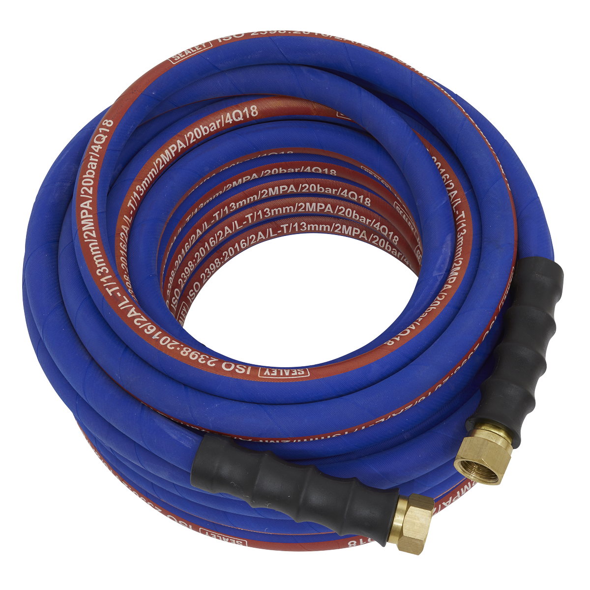 The Sealey Air Hose 15m x Ø13mm with 1/2"BSP Unions Extra-Heavy-Duty (model AH15R/12) features a coiled blue and red high-quality rubber construction, complemented by black grips, brass fittings, and bend restrictors.