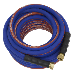 The Sealey Air Hose 15m x Ø13mm with 1/2"BSP Unions Extra-Heavy-Duty (model AH15R/12) features a coiled blue and red high-quality rubber construction, complemented by black grips, brass fittings, and bend restrictors.