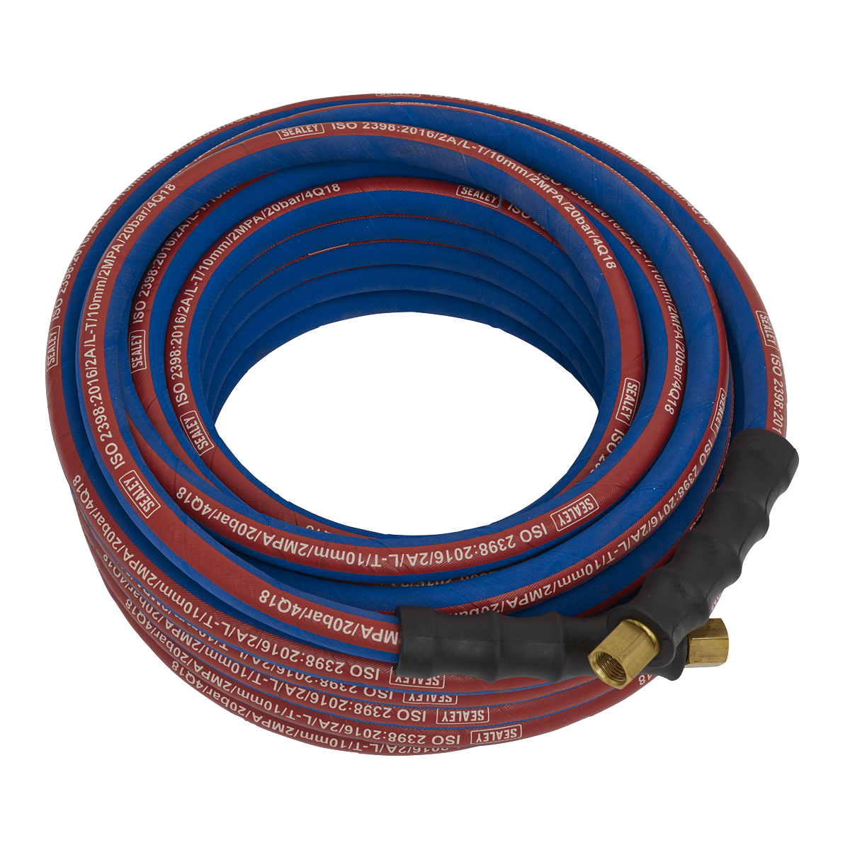 A Sealey Air Hose 15m x Ø10mm with 1/4"BSP Unions Extra-Heavy-Duty - AH15R/38, featuring a coiled red and blue design, two brass fittings, black connectors at the ends, and a protective wrap.