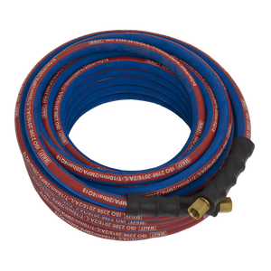 A Sealey Air Hose 15m x Ø10mm with 1/4"BSP Unions Extra-Heavy-Duty - AH15R/38, featuring a coiled red and blue design, two brass fittings, black connectors at the ends, and a protective wrap.