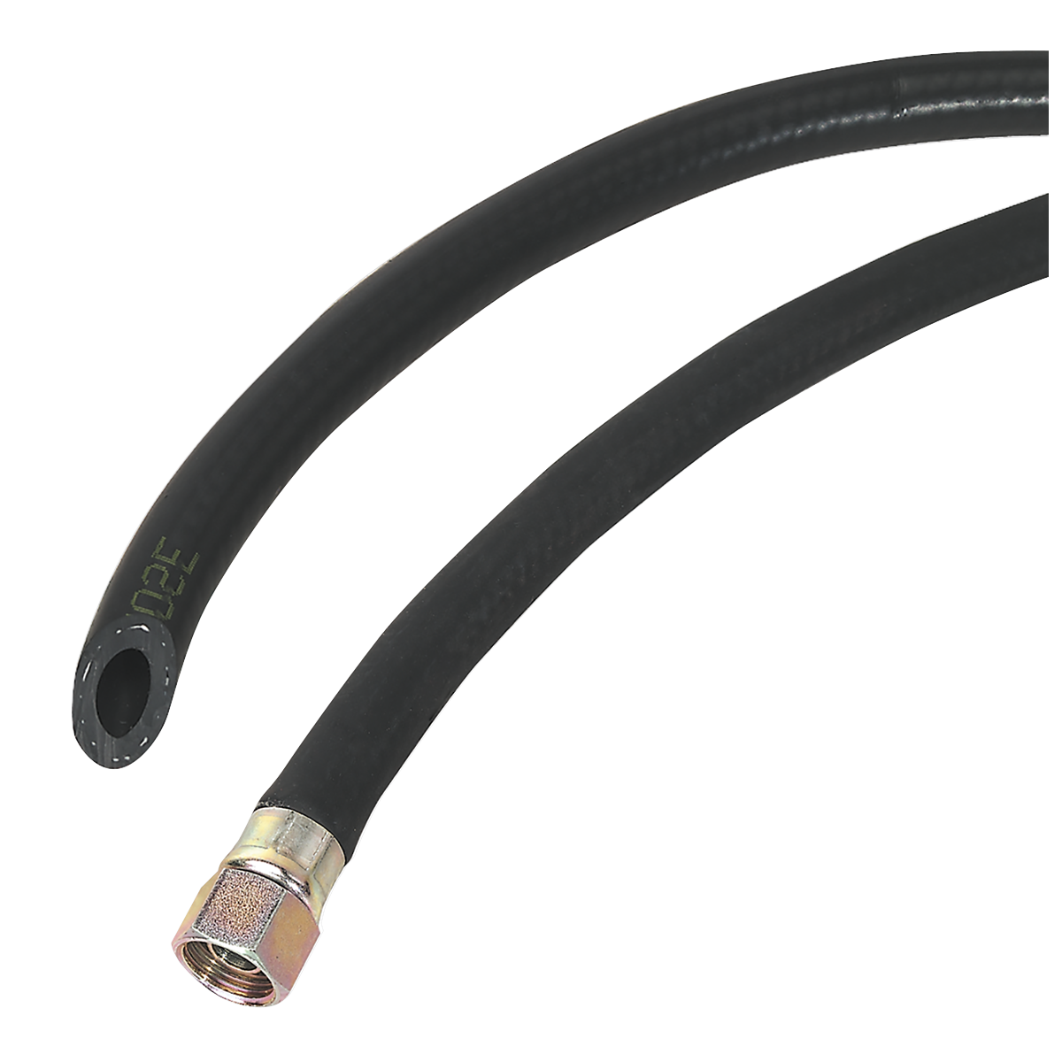 Image of the Sealey Air Hose 15m x Ø10mm with 1/4"BSP Unions Heavy-Duty - AH15RX/38, featuring a black rubber alloy construction with a metal fitting on one end and an open end on the other, ideal for garage and bodyshop applications, isolated on a white background.