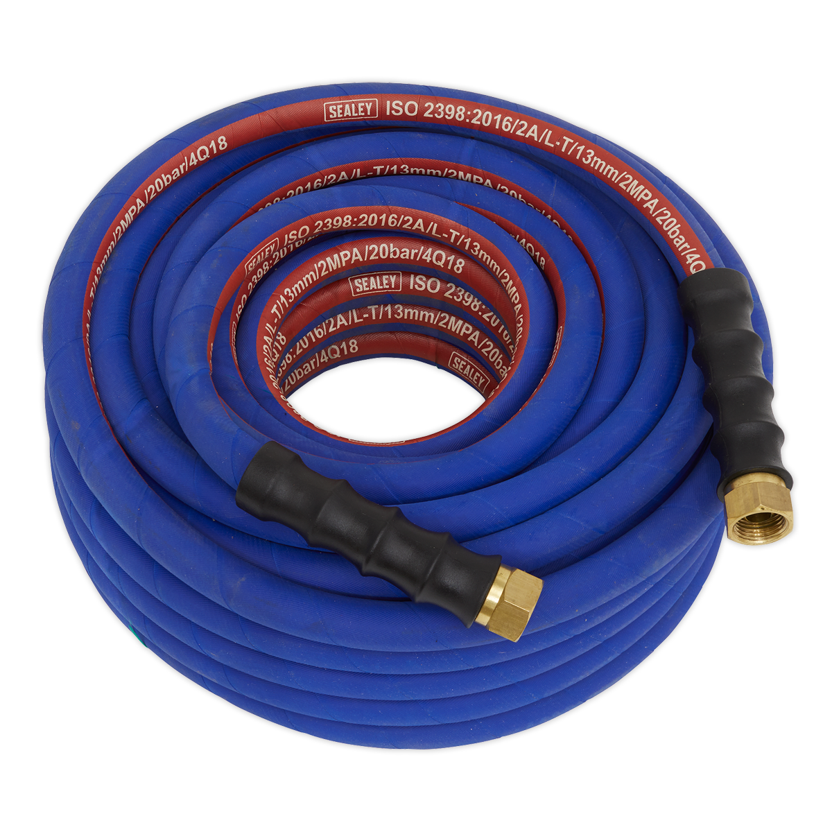 The Sealey Air Hose 20m x Ø13mm with 1/2"BSP Unions Extra-Heavy-Duty (AH20R/12) is a coiled blue rubber air hose featuring black and brass fittings. The Sealey branding and specifications are printed in white and red text along its length. This silicone-free hose is designed for enhanced durability with the inclusion of bend restrictors.