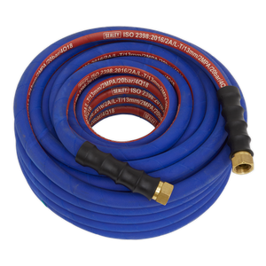 The Sealey Air Hose 20m x Ø13mm with 1/2"BSP Unions Extra-Heavy-Duty (AH20R/12) is a coiled blue rubber air hose featuring black and brass fittings. The Sealey branding and specifications are printed in white and red text along its length. This silicone-free hose is designed for enhanced durability with the inclusion of bend restrictors.