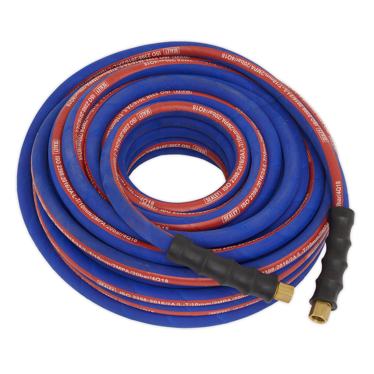 Introducing the Sealey Air Hose 20m x Ø10mm with 1/4"BSP Unions Extra-Heavy-Duty - AH20R/38. This high-quality, silicone-free rubber air hose features a coiled blue and red design with two black handle grips and brass connectors on both ends. It meets EN 2398 standards for durability, ensuring long-lasting performance.