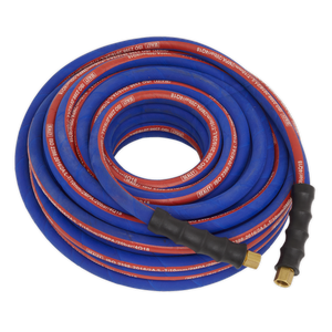 Introducing the Sealey Air Hose 20m x Ø10mm with 1/4"BSP Unions Extra-Heavy-Duty - AH20R/38. This high-quality, silicone-free rubber air hose features a coiled blue and red design with two black handle grips and brass connectors on both ends. It meets EN 2398 standards for durability, ensuring long-lasting performance.