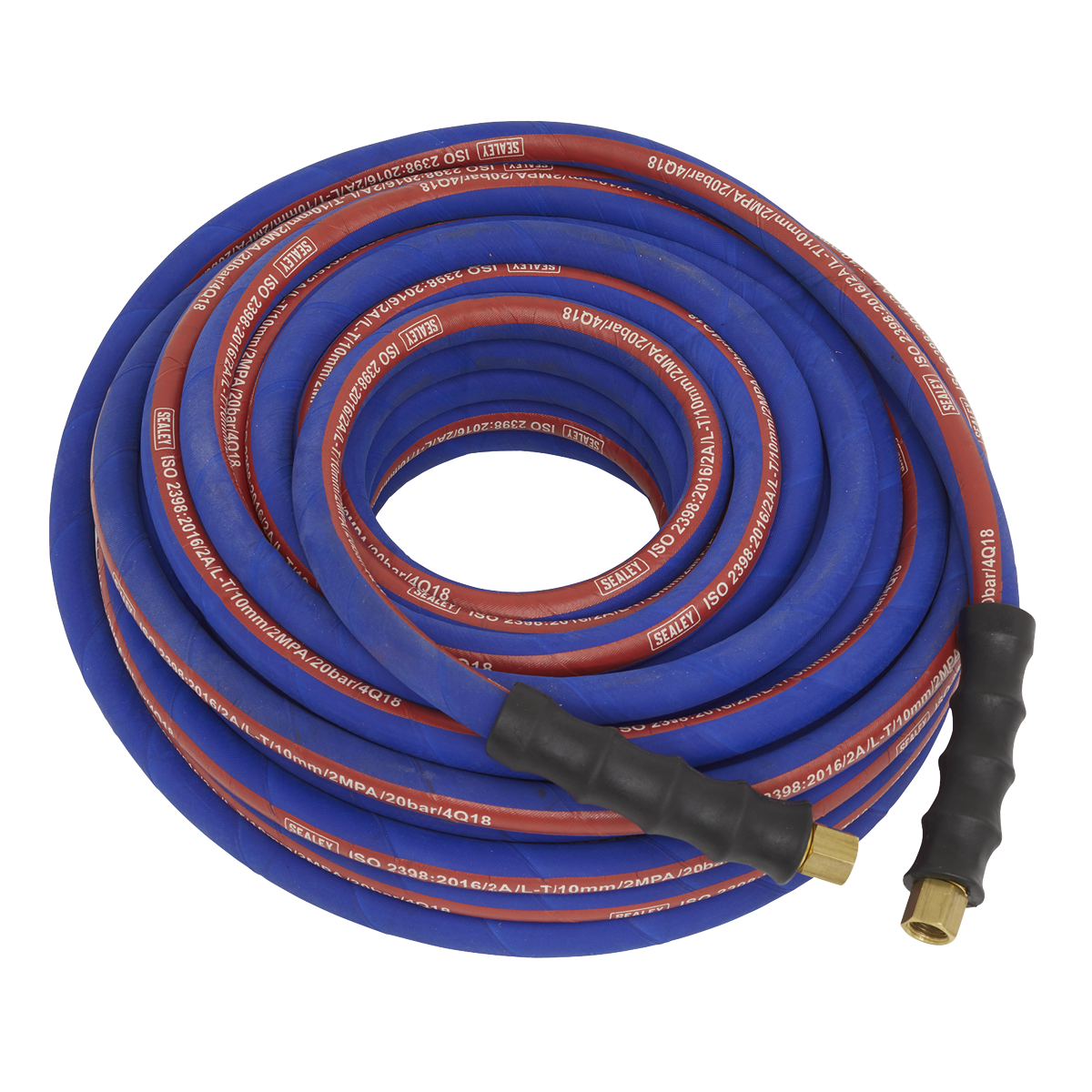 A coiled blue and red Sealey Air Hose 20m x Ø8mm (Model AH20R) with high-quality rubber, brass 1/4"BSP connectors, black grips on each end, and bend restrictors for extra heavy-duty use.