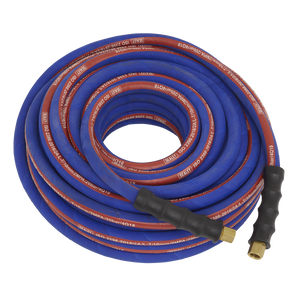 A coiled blue and red Sealey Air Hose 20m x Ø8mm (Model AH20R) with high-quality rubber, brass 1/4"BSP connectors, black grips on each end, and bend restrictors for extra heavy-duty use.