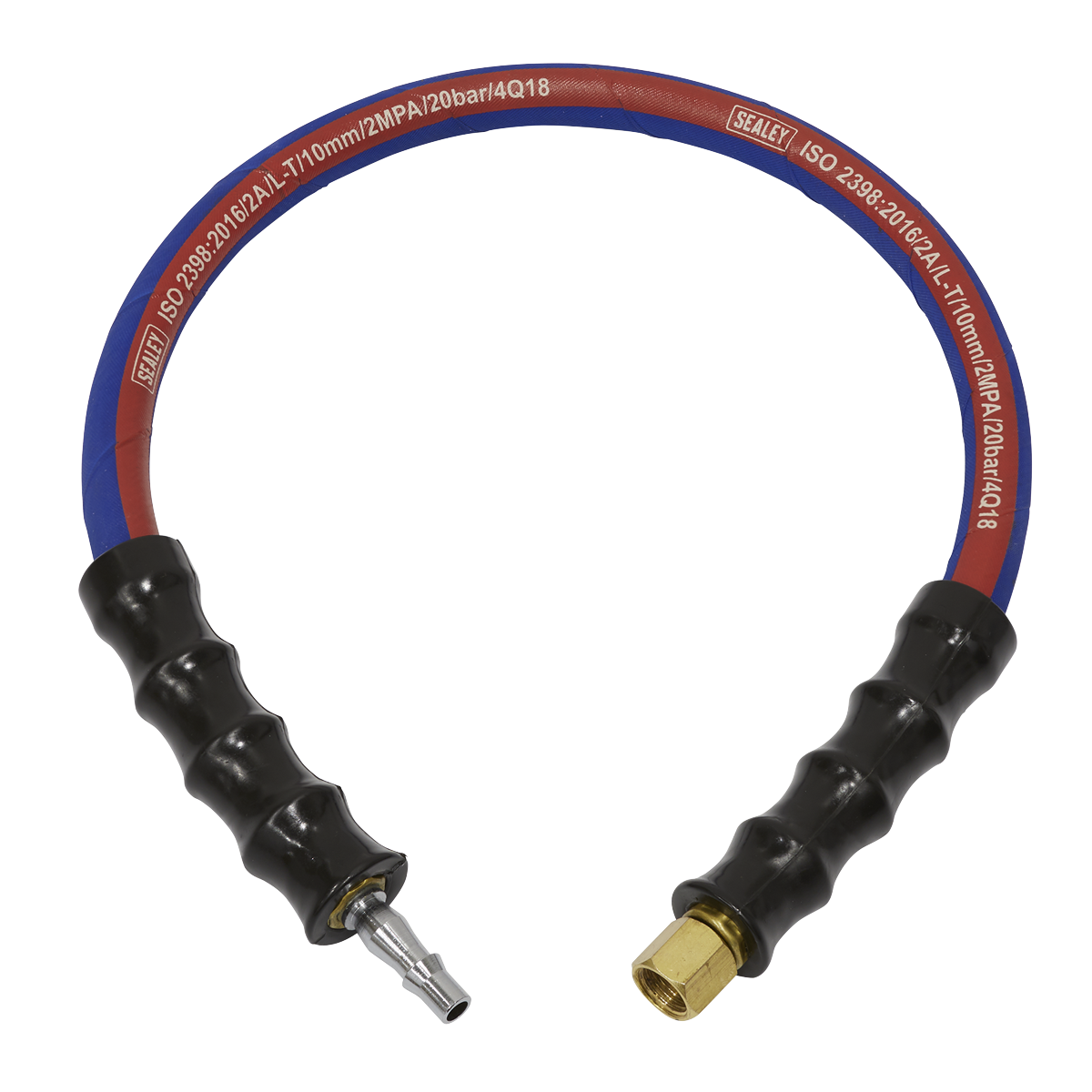 A red and blue, 600mm flexible rubber hose with black ribbed grips and brass and silver fittings on either end, marked with specifications and manufacturer details. Designed for use with an air tool, the Sealey Air Leader Hose AH2R/38 features a 1/4" BSP female union for secure connections.