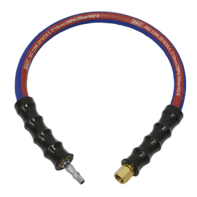 A red and blue, 600mm flexible rubber hose with black ribbed grips and brass and silver fittings on either end, marked with specifications and manufacturer details. Designed for use with an air tool, the Sealey Air Leader Hose AH2R/38 features a 1/4" BSP female union for secure connections.