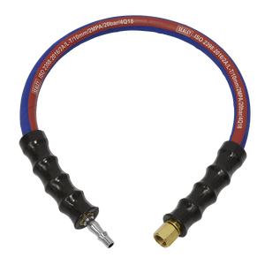 A red and blue, 600mm flexible rubber hose with black ribbed grips and brass and silver fittings on either end, marked with specifications and manufacturer details. Designed for use with an air tool, the Sealey Air Leader Hose AH2R/38 features a 1/4" BSP female union for secure connections.